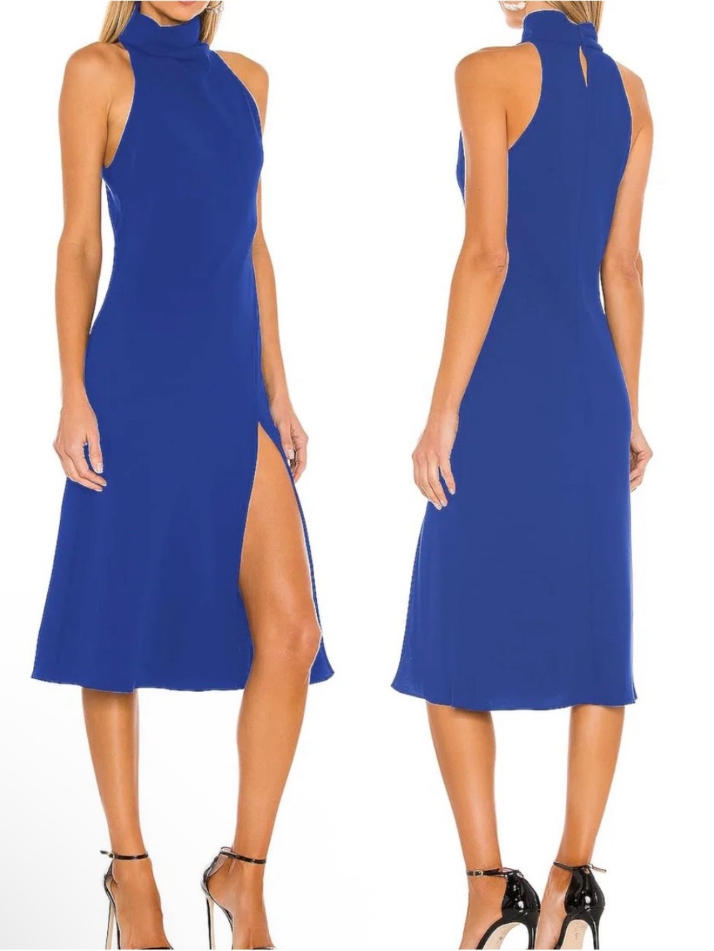 High-Neck Royal Blue Midi Dress with Side Slit- US 4-6. Small